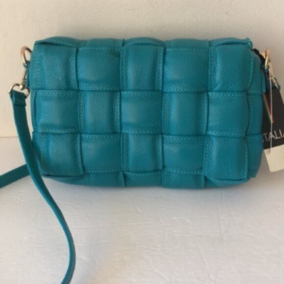 Chiara Ferretti Quilted Italy Leather Flap Over Woven Crossbody Blue Handbag - Picture 7 of 10